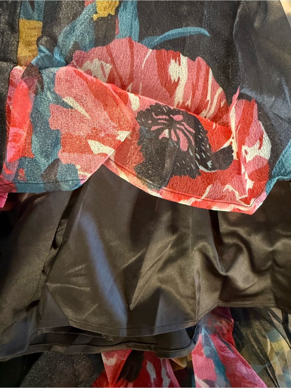 Caara Few Moda Alette Dress Sheer Floral Maxi Multicolor Tulip Blooms On Black - Picture 11 of 12